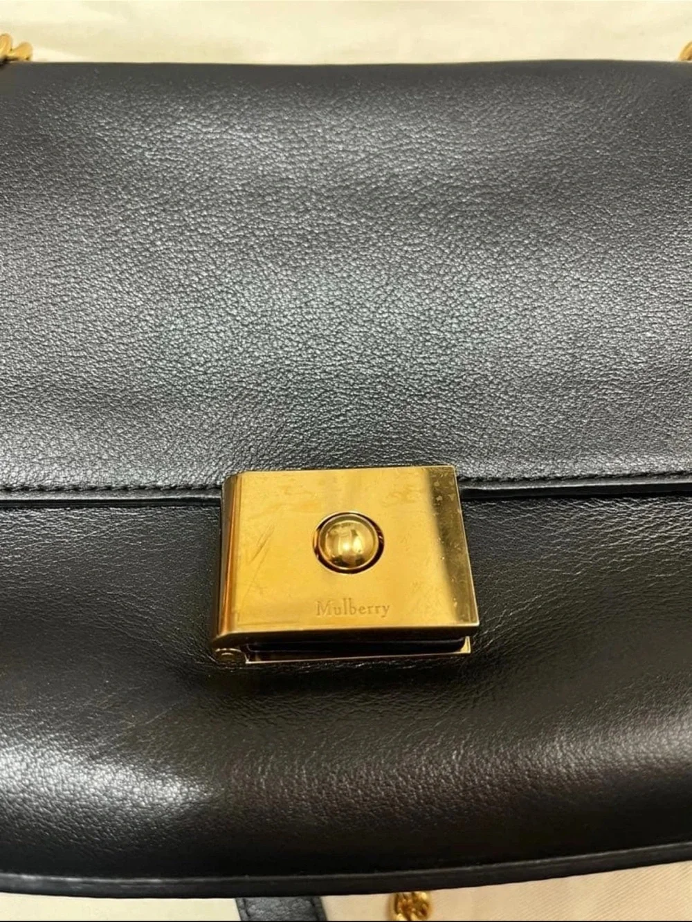 Mulberry Black Leather Satchel with Gold Chain and Turn-Lock
